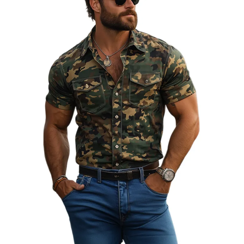 Men's Classic American Retro Slim Camouflage Short Sleeve Shirt 61495115K sold by Manly