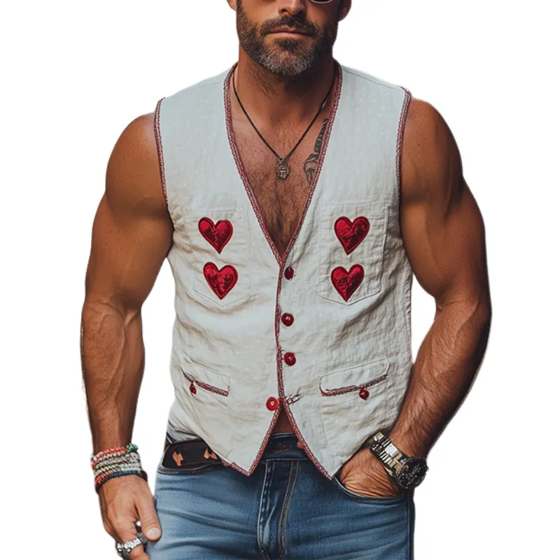 Men's Fashion Casual Vacation Style Deep V-neck Linen Embroidered Vest 59727603K sold by Manly
