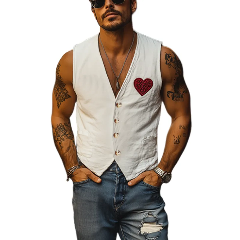 Men's Fashion Casual Spring and Summer Resort Style Linen Embroidered Vest 13236002K sold by Manly