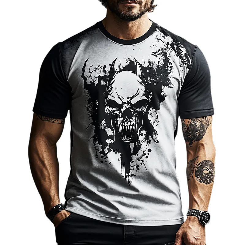 Men's Retro Casual Skull Print Round Neck Short Sleeve T-Shirt 14821696TO sold by Manly
