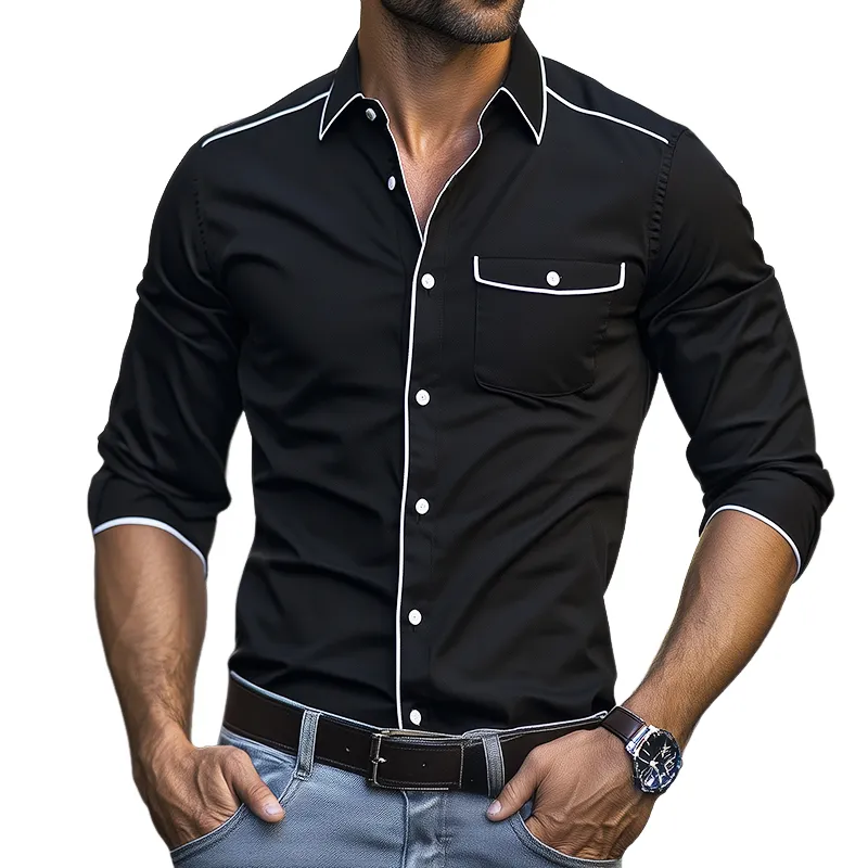Men's Retro Colorblock Casual Pocket Lapel Long Sleeve Shirt 09070366TO sold by Manly