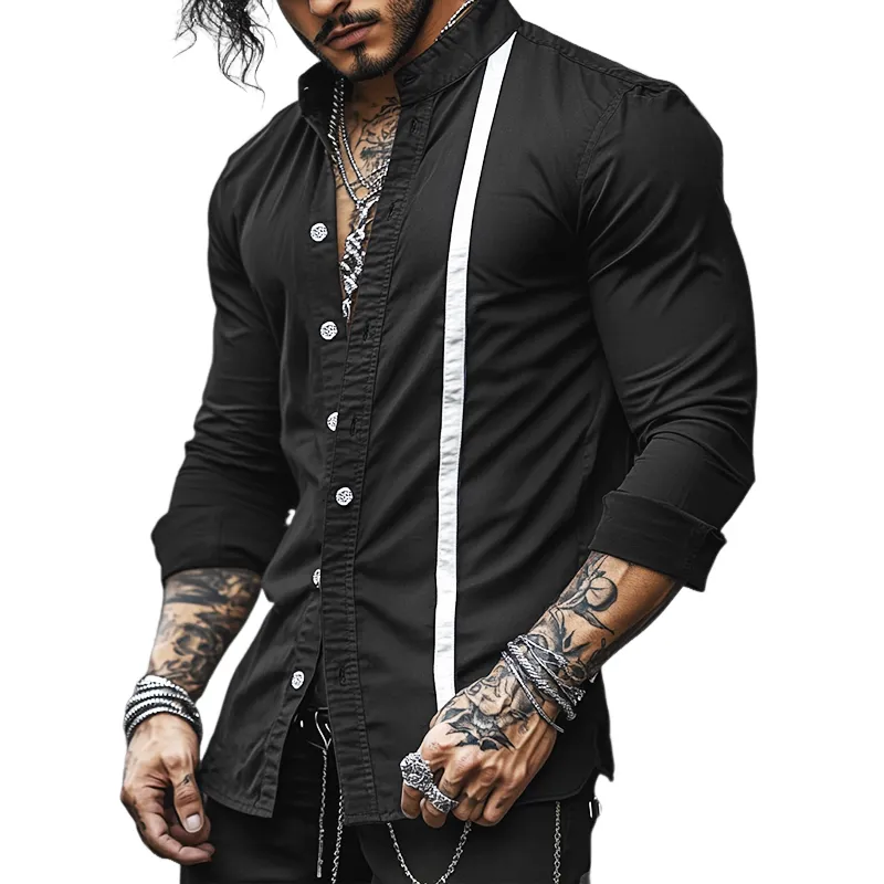 Men's Retro Colorblock Casual Stand Collar Long Sleeve Shirt 88798143TO sold by Manly