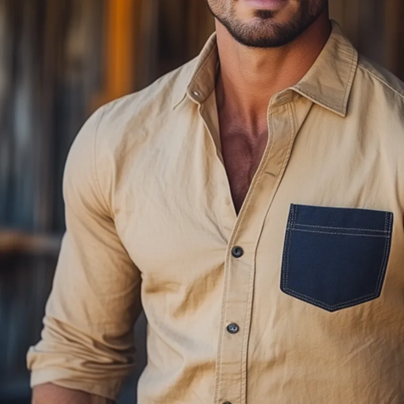 Men's Retro Contrast Pocket Casual Lapel Long Sleeve Shirt 46216133TO sold by Manly product image thumbnail 3