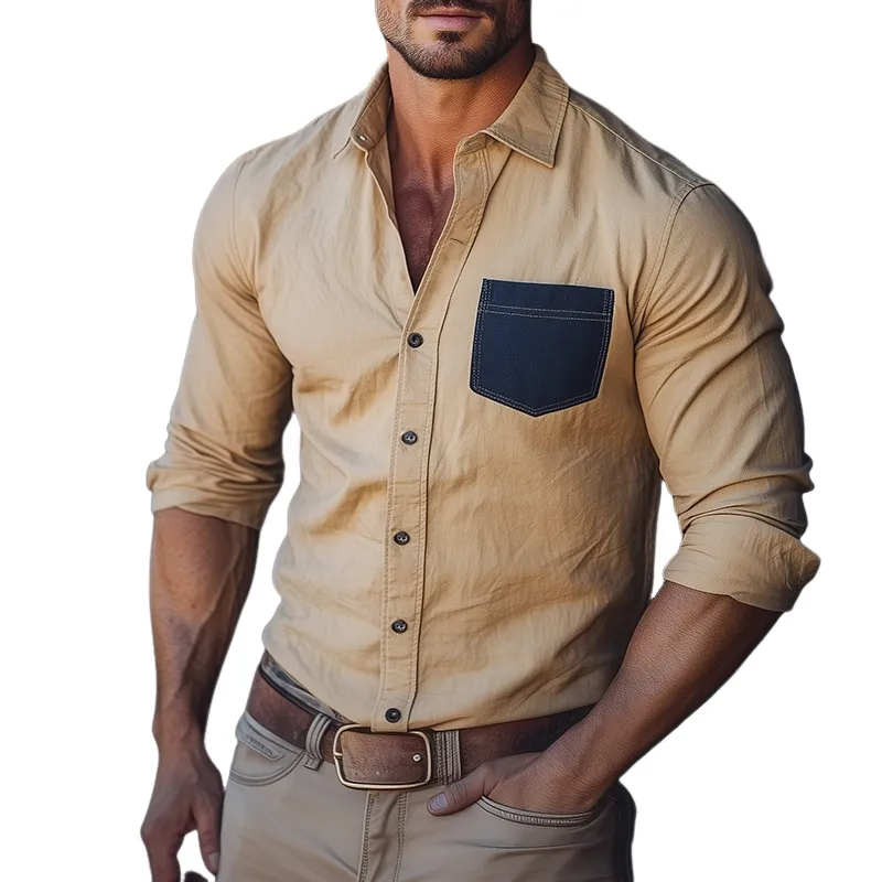 Men's Retro Contrast Pocket Casual Lapel Long Sleeve Shirt 46216133TO sold by Manly