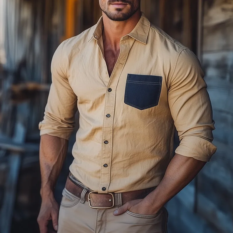 Men's Retro Contrast Pocket Casual Lapel Long Sleeve Shirt 46216133TO sold by Manly product image thumbnail 2