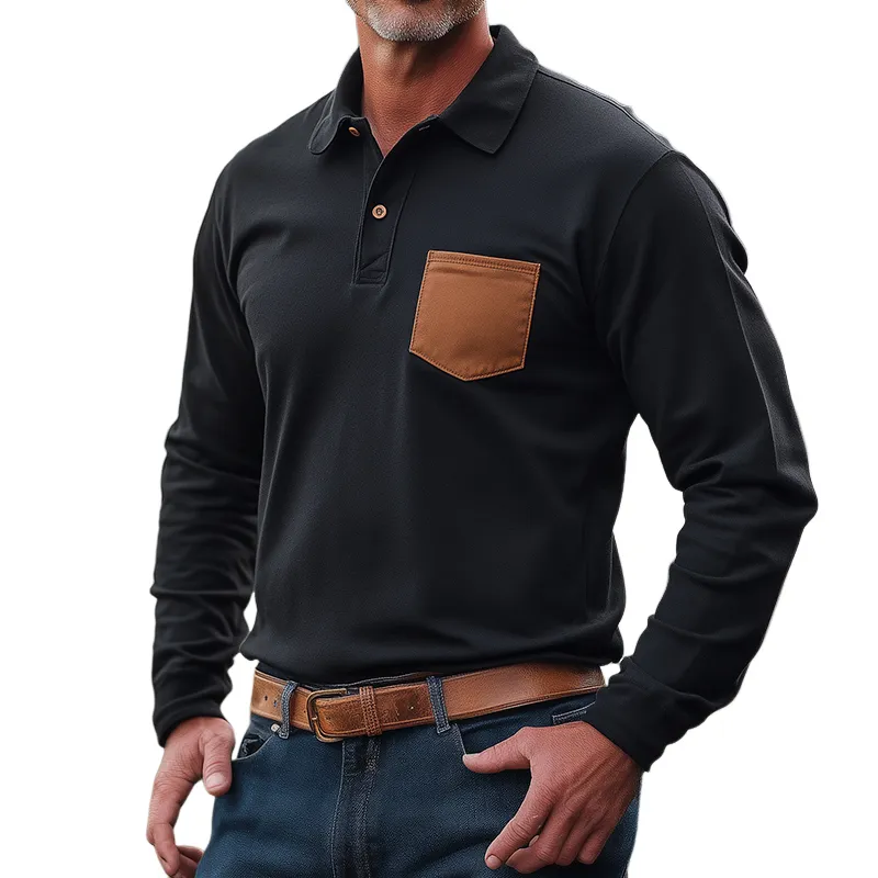 Men's Retro Casual Contrast Pocket Lapel Long Sleeve T-Shirt 79177860TO sold by Manly