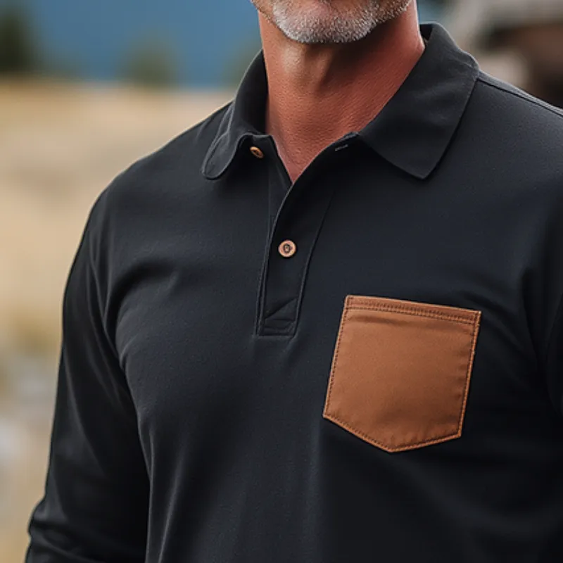 Men's Retro Casual Contrast Pocket Lapel Long Sleeve T-Shirt 79177860TO sold by Manly product image thumbnail 3