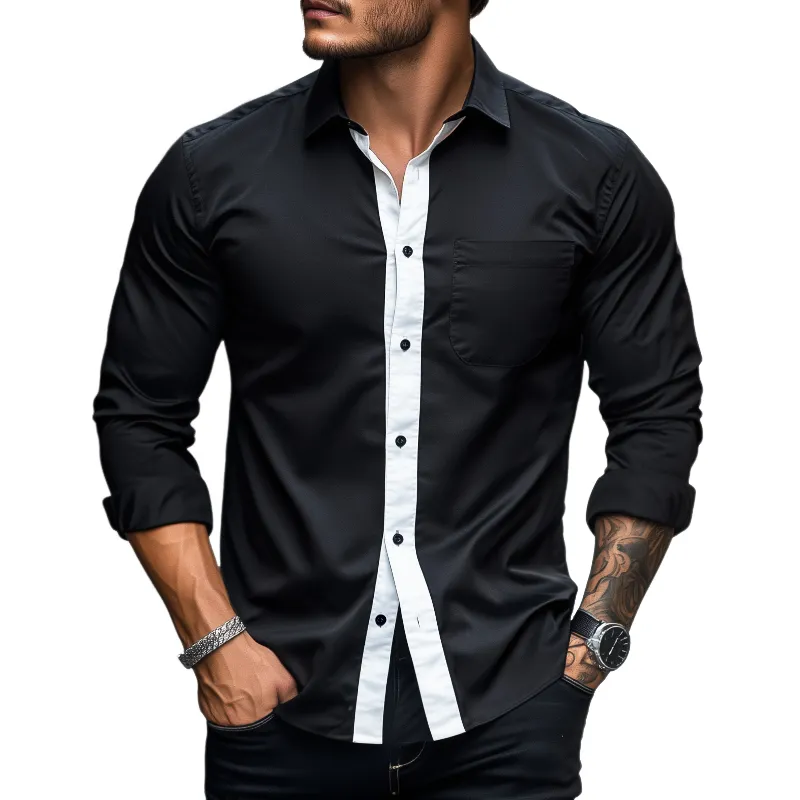 Men's Retro Colorblock Casual Pocket Lapel Long Sleeve Shirt 01925052TO sold by Manly