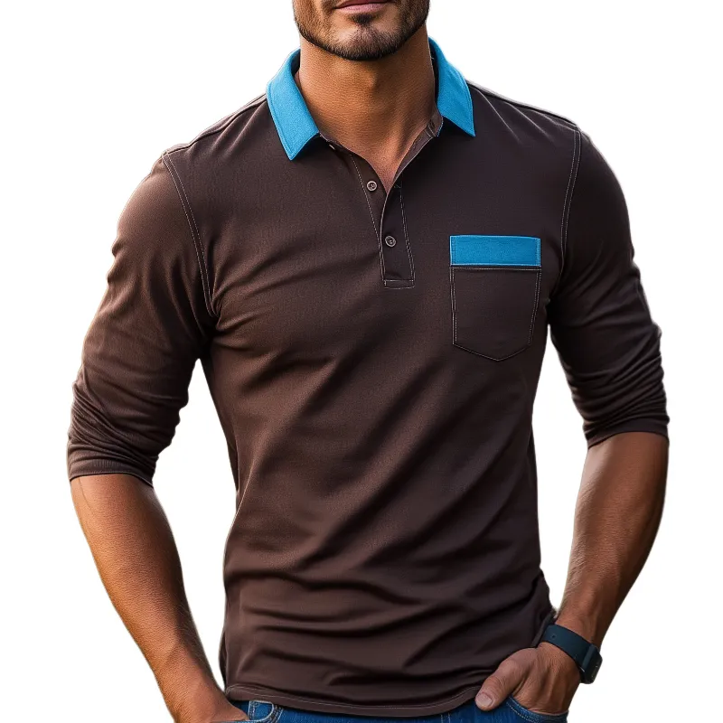 Men's Retro Casual Contrast Pocket Lapel Long Sleeve T-Shirt 19245707TO sold by Manly