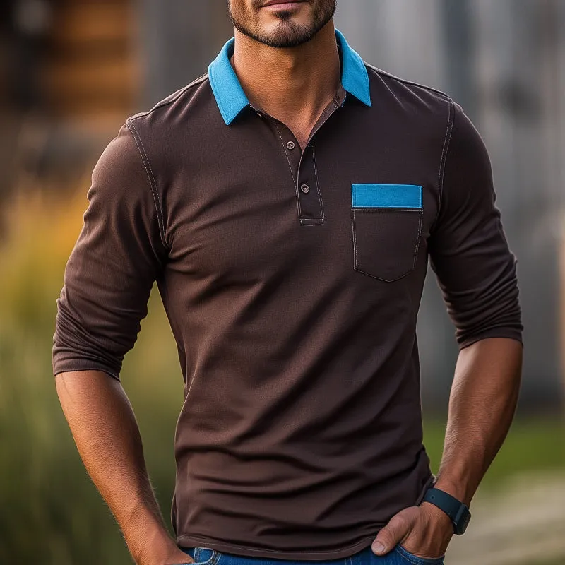 Men's Retro Casual Contrast Pocket Lapel Long Sleeve T-Shirt 19245707TO sold by Manly product image thumbnail 2