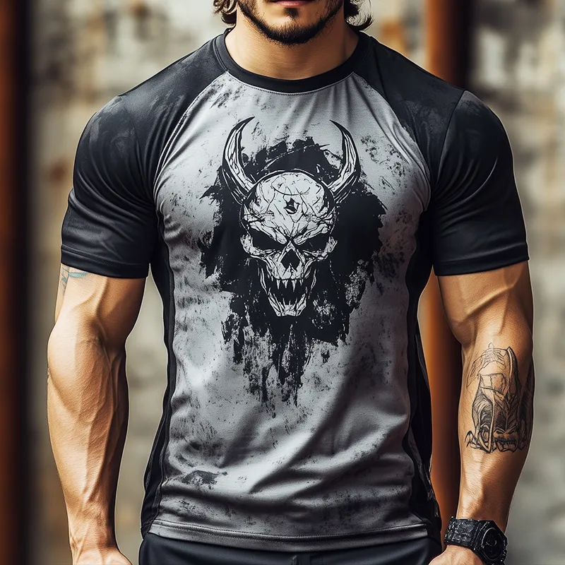 Men's Retro Casual Skull Print Round Neck Short Sleeve T-Shirt 01808377TO sold by Manly product image thumbnail 2