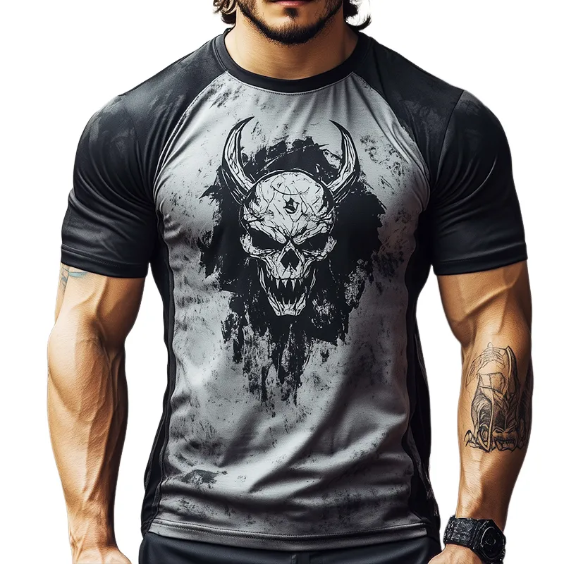 Men's Retro Casual Skull Print Round Neck Short Sleeve T-Shirt 01808377TO sold by Manly