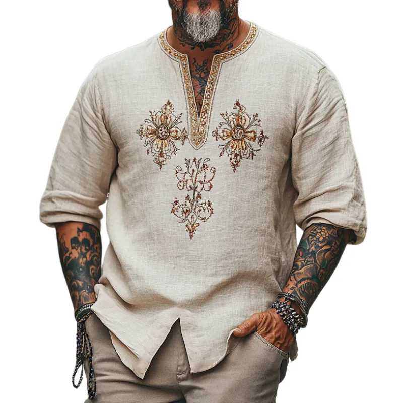Men's Casual Vintage V-neck Cotton Blend Embroidered Long-sleeved T-shirt 91942561F sold by Manly