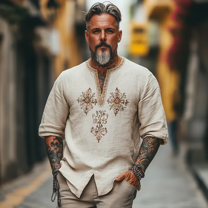 Men's Casual Vintage V-neck Cotton Blend Embroidered Long-sleeved T-shirt 91942561F sold by Manly product image thumbnail 2