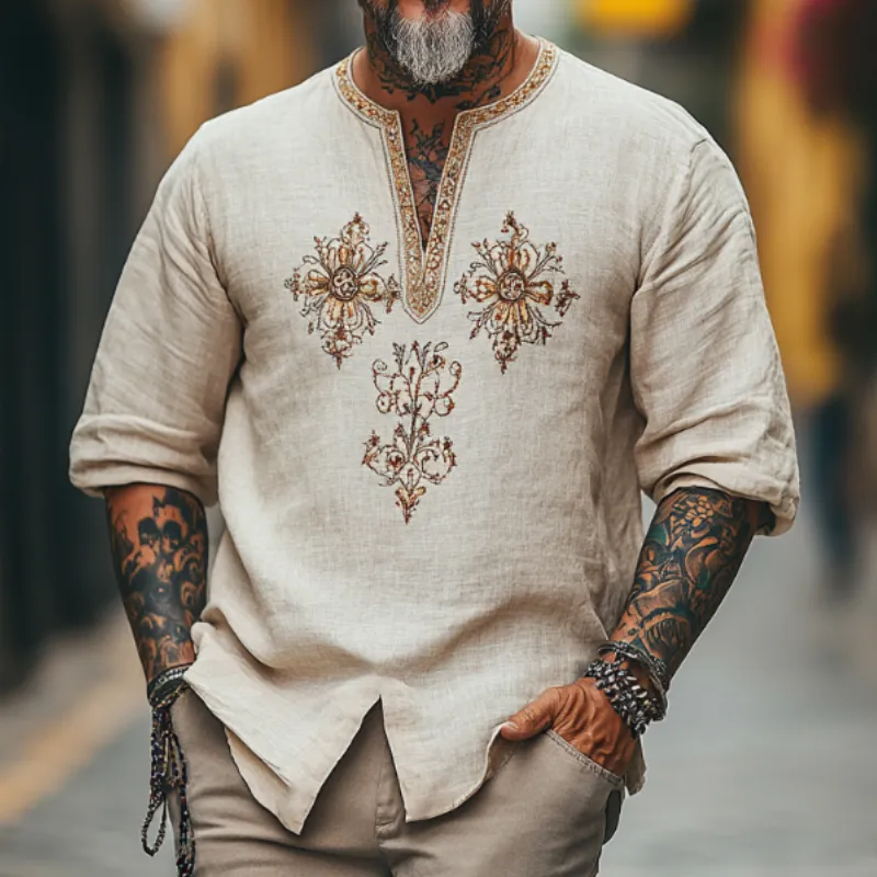 Men's Casual Vintage V-neck Cotton Blend Embroidered Long-sleeved T-shirt 91942561F sold by Manly product image thumbnail 3