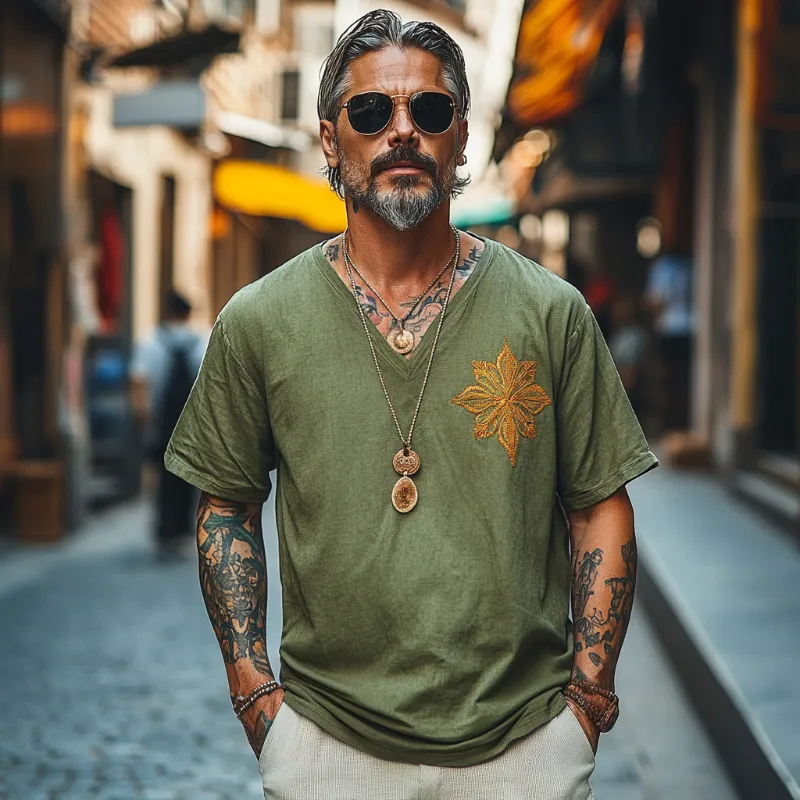 Men's Casual Vintage V-neck Cotton Blend Embroidered Short-sleeved T-shirt 79755165F sold by Manly product image thumbnail 2