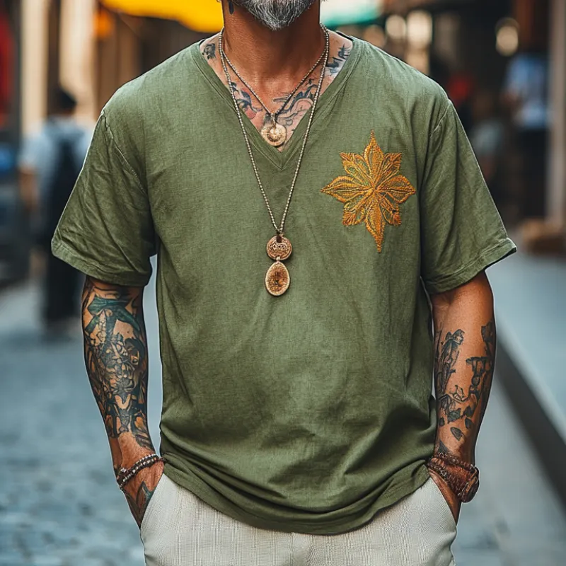 Men's Casual Vintage V-neck Cotton Blend Embroidered Short-sleeved T-shirt 79755165F sold by Manly product image thumbnail 3