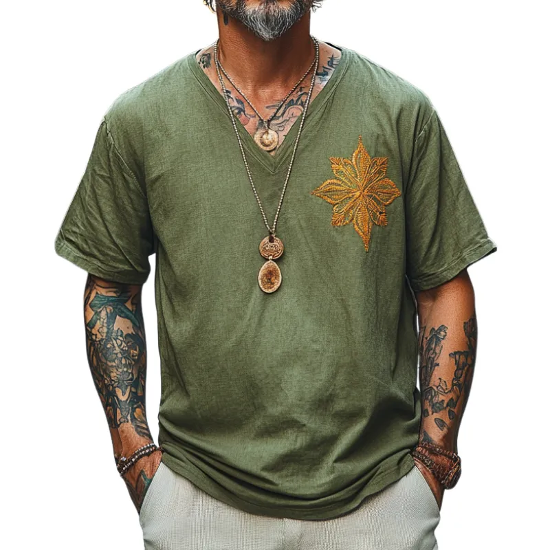 Men's Casual Vintage V-neck Cotton Blend Embroidered Short-sleeved T-shirt 79755165F sold by Manly
