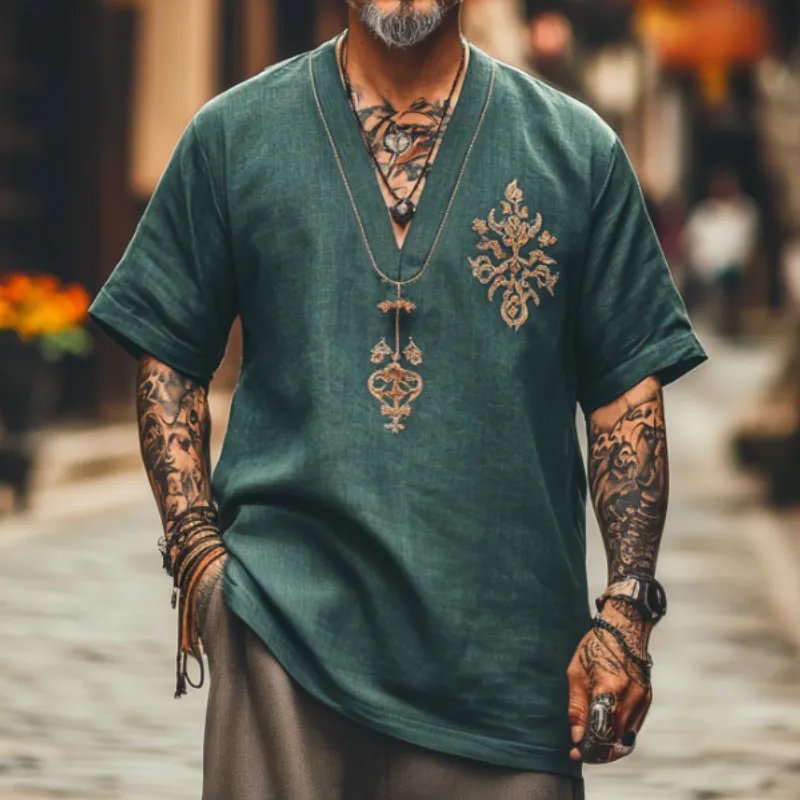 Men's Casual Vintage V-neck Cotton Blend Embroidered Short-sleeved T-shirt 98473922F sold by Manly product image thumbnail 3