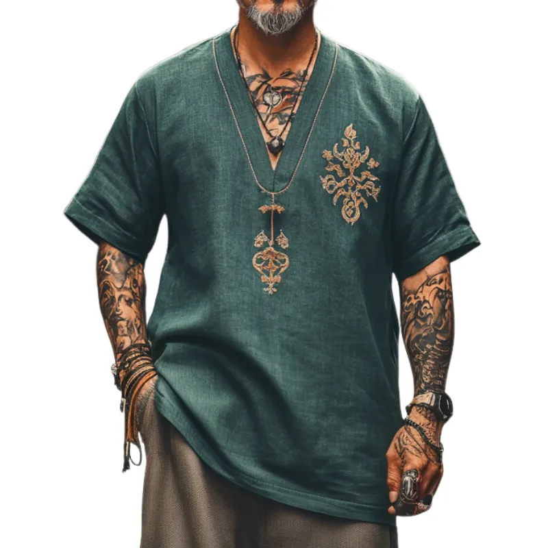 Men's Casual Vintage V-neck Cotton Blend Embroidered Short-sleeved T-shirt 98473922F sold by Manly