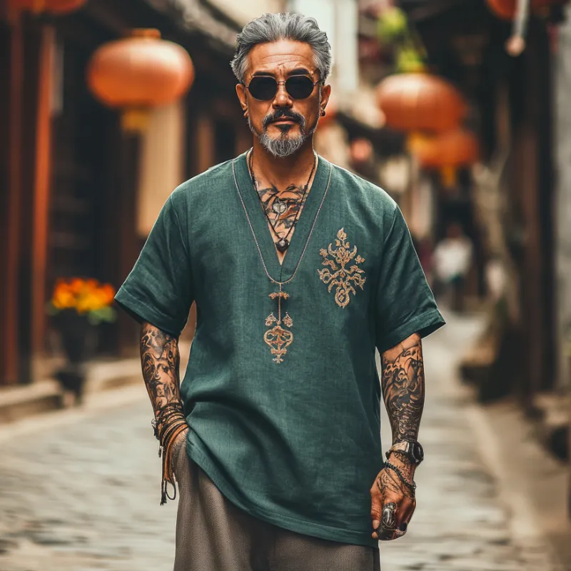 Men's Casual Vintage V-neck Cotton Blend Embroidered Short-sleeved T-shirt 98473922F sold by Manly product image thumbnail 2