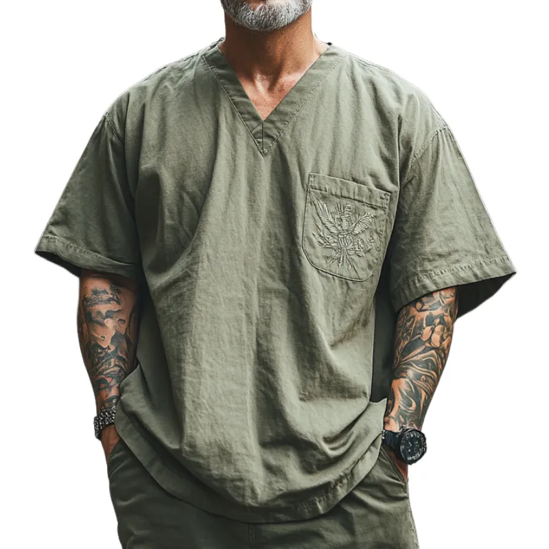 Men's Casual Vintage V-neck Cotton Blend Embroidered Short-sleeved T-shirt 35815069F sold by Manly