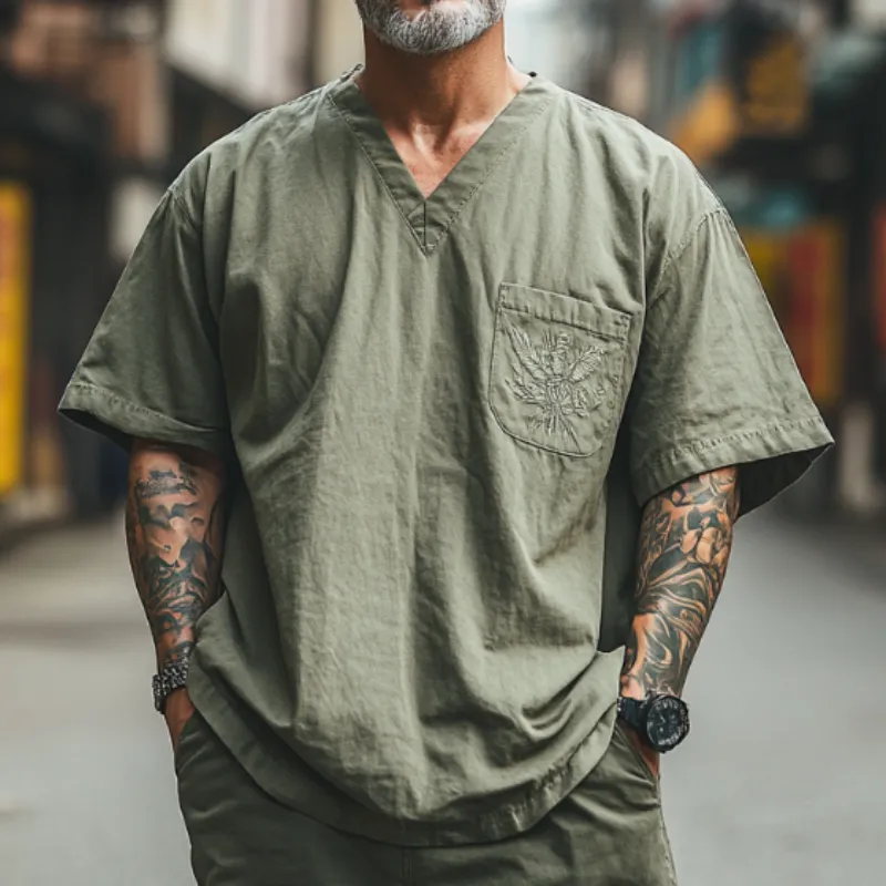 Men's Casual Vintage V-neck Cotton Blend Embroidered Short-sleeved T-shirt 35815069F sold by Manly product image thumbnail 3