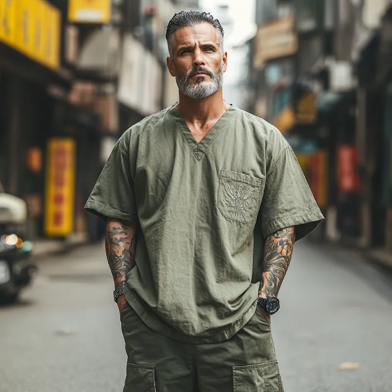 Men's Casual Vintage V-neck Cotton Blend Embroidered Short-sleeved T-shirt 35815069F sold by Manly product image thumbnail 2