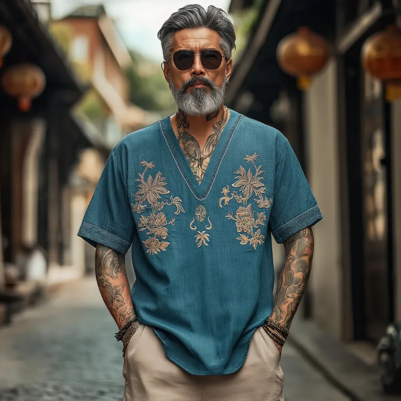 Men's Casual Vintage V-neck Cotton Blend Embroidered Short-sleeved T-shirt 61403888F sold by Manly product image thumbnail 2