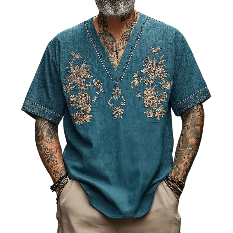 Men's Casual Vintage V-neck Cotton Blend Embroidered Short-sleeved T-shirt 61403888F sold by Manly
