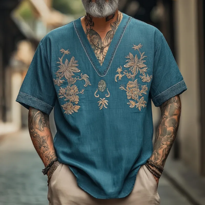 Men's Casual Vintage V-neck Cotton Blend Embroidered Short-sleeved T-shirt 61403888F sold by Manly product image thumbnail 3