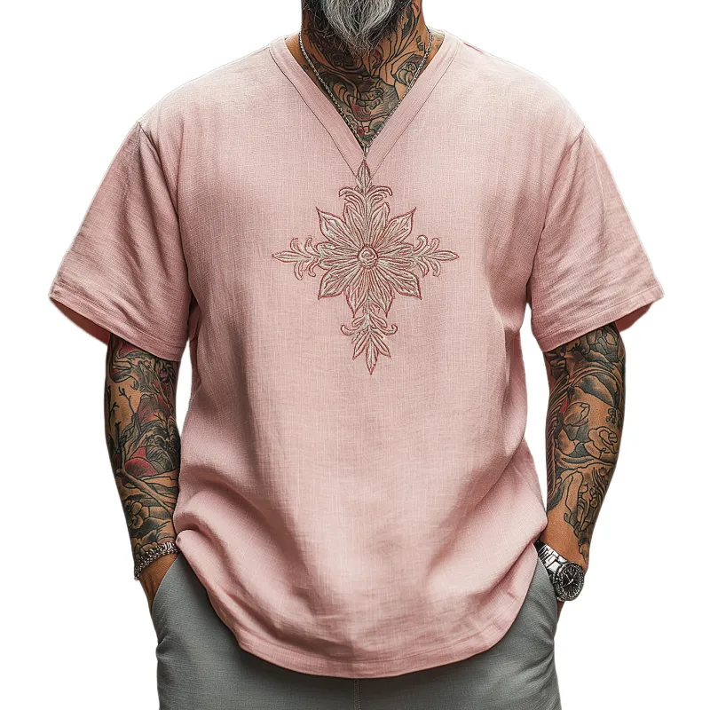 Men's Casual Vintage V-neck Cotton Blend Embroidered Short-sleeved T-shirt 47543472F sold by Manly