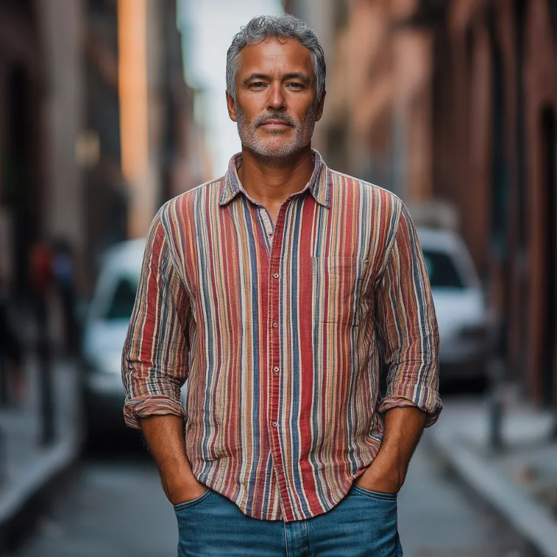 Men's Casual Vintage Lapel Vertical Striped Cotton Blend Long Sleeve Shirt 94992578F sold by Manly product image thumbnail 2