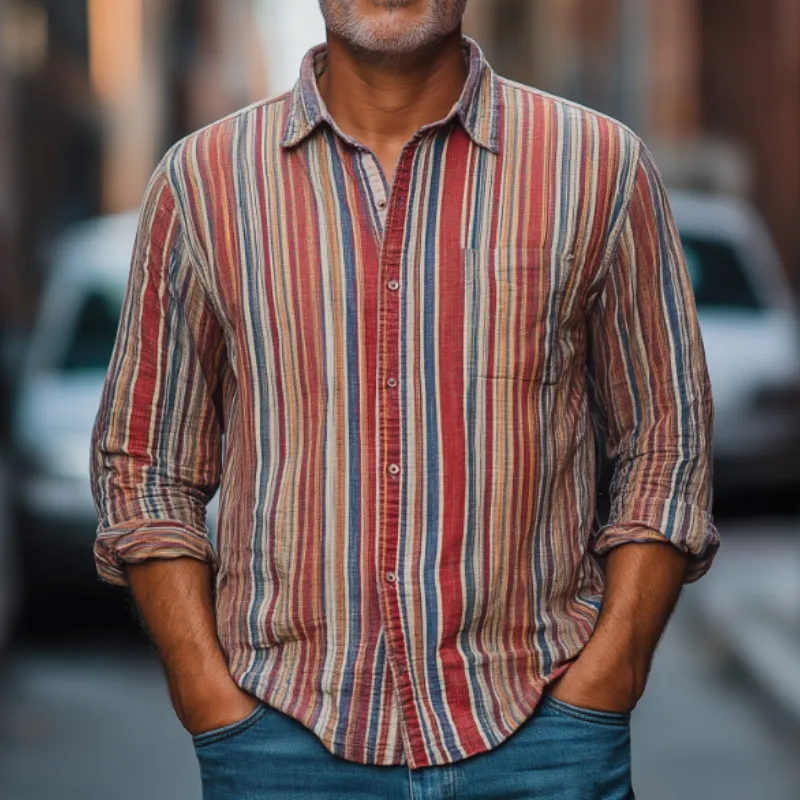 Men's Casual Vintage Lapel Vertical Striped Cotton Blend Long Sleeve Shirt 94992578F sold by Manly product image thumbnail 3