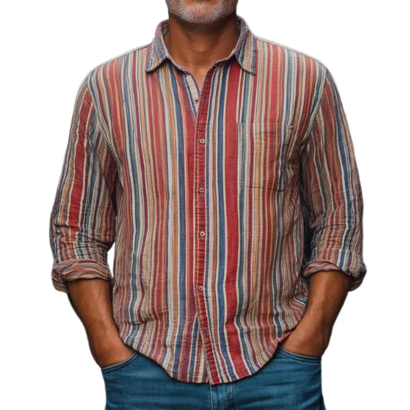 Men's Casual Vintage Lapel Vertical Striped Cotton Blend Long Sleeve Shirt 94992578F sold by Manly