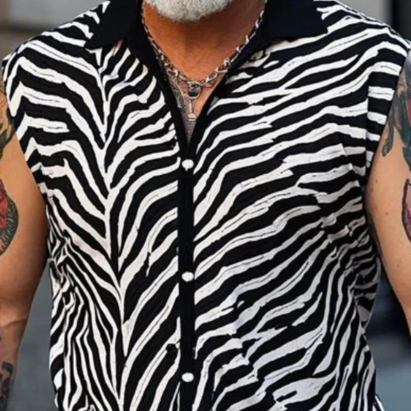 Men's Vintage Casual Lapel Cotton Blend Zebra Print Short Sleeve Shirt 96256387F sold by Manly product image thumbnail 3