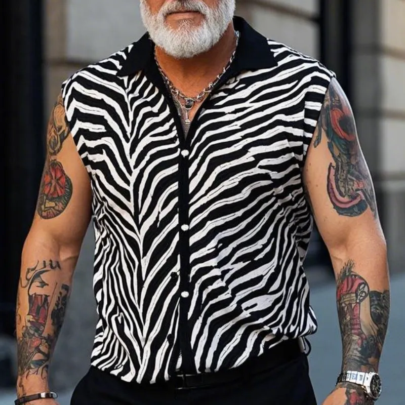 Men's Vintage Casual Lapel Cotton Blend Zebra Print Short Sleeve Shirt 96256387F sold by Manly product image thumbnail 2