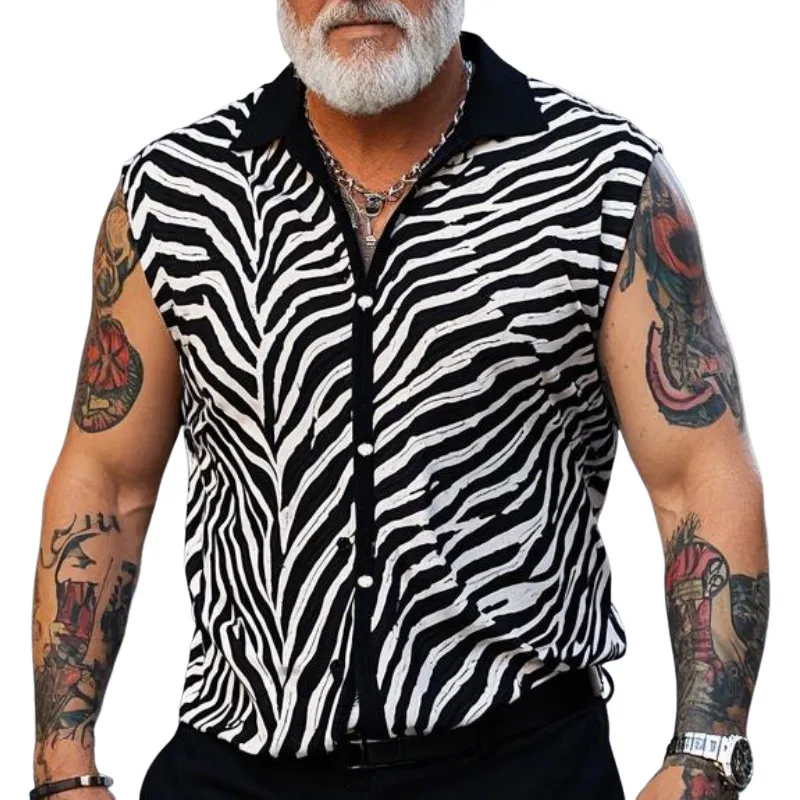 Men's Vintage Casual Lapel Cotton Blend Zebra Print Short Sleeve Shirt 96256387F sold by Manly