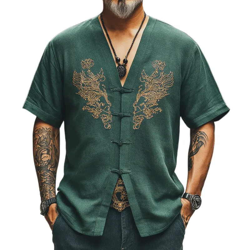 Men's Vintage Classic V-neck Embroidered Cotton Blend Button Short Sleeve Shirt 09024571F sold by Manly