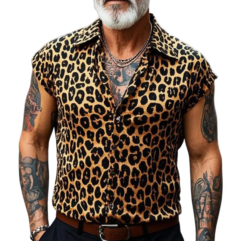 Men's Vintage Casual Lapel Cotton Blend Leopard Print Short Sleeve Shirt 56911046F sold by Manly
