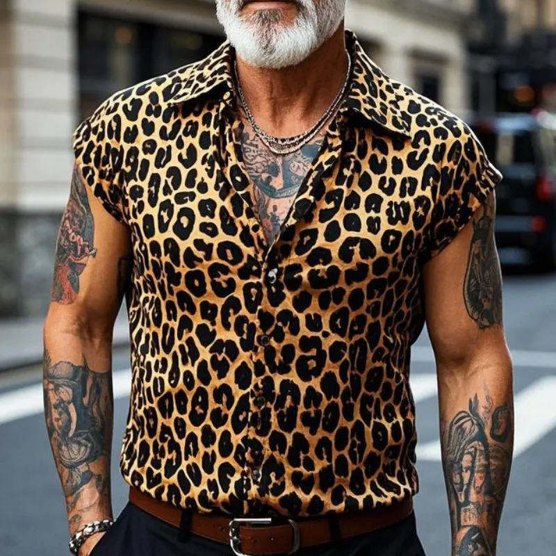 Men's Vintage Casual Lapel Cotton Blend Leopard Print Short Sleeve Shirt 56911046F sold by Manly product image thumbnail 2