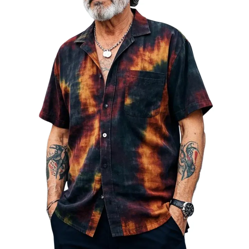 Men's Vintage Casual Lapel Tie-dye Printed Cotton Blend Short-sleeved Shirt 76078684F sold by Manly