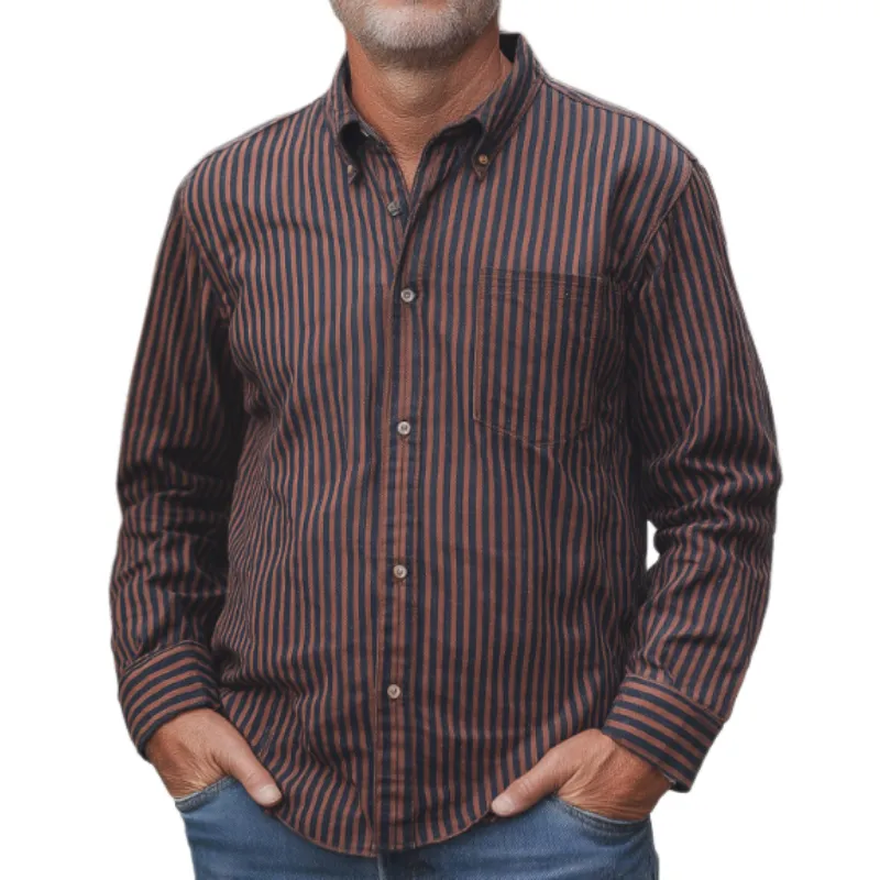 Men's Casual Vintage Lapel Vertical Striped Cotton Blend Long Sleeve Shirt 74000253F sold by Manly