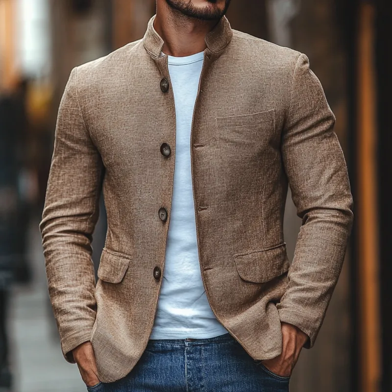 Men's Casual Stand Collar Linen Single Breasted Slim Fit Blazer 27400956M sold by Manly product image thumbnail 2