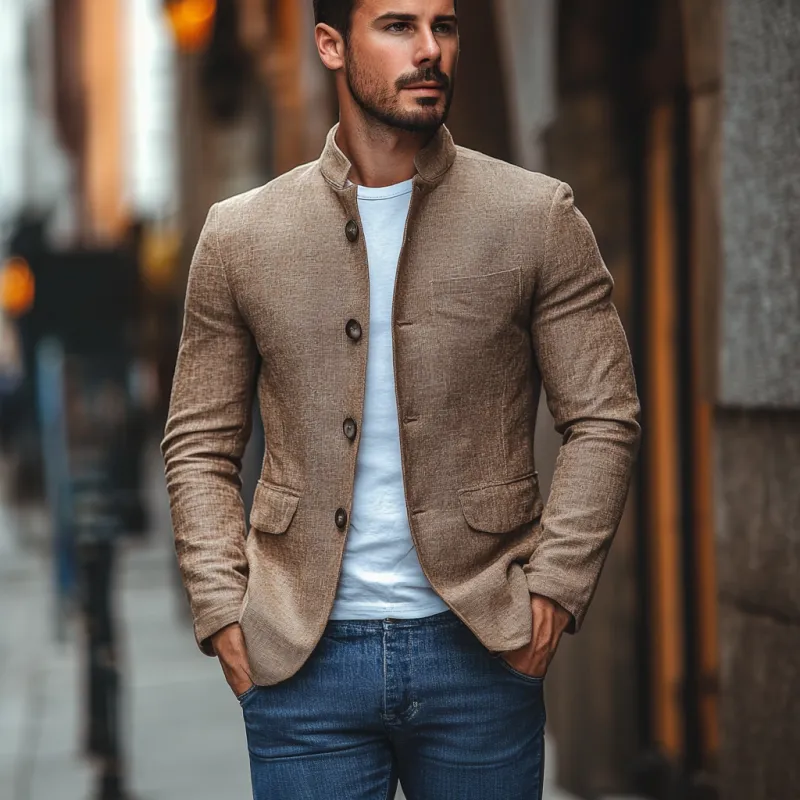 Men's Casual Stand Collar Linen Single Breasted Slim Fit Blazer 27400956M sold by Manly product image thumbnail 3