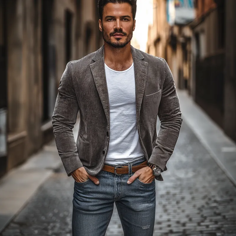 Men's Casual Corduroy Notch Lapel Single-breasted Slim-fit Blazer 77980106M sold by Manly product image thumbnail 3