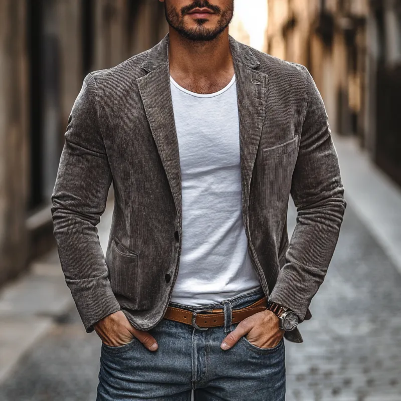 Men's Casual Corduroy Notch Lapel Single-breasted Slim-fit Blazer 77980106M sold by Manly product image thumbnail 2