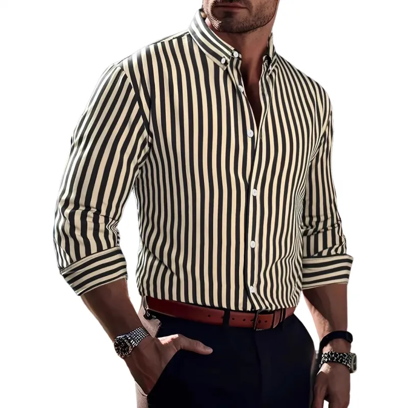 Men's Casual Striped Cotton Lapel Slim Fit Long Sleeve Shirt 00759451M sold by Manly