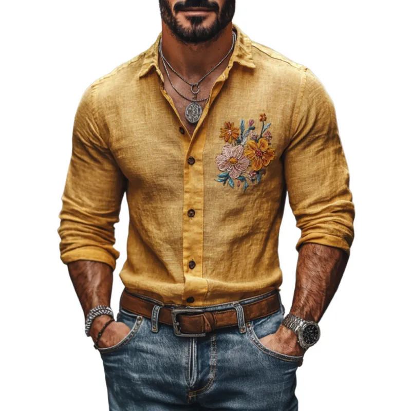 Men's Casual Linen Lapel Floral Embroidery Slim Fit Long Sleeve Shirt 04447176M sold by Manly