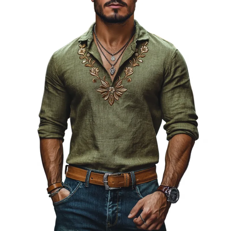 Men's Casual Linen Lapel Floral Embroidery Slim Fit Long Sleeve Shirt 42343324M sold by Manly